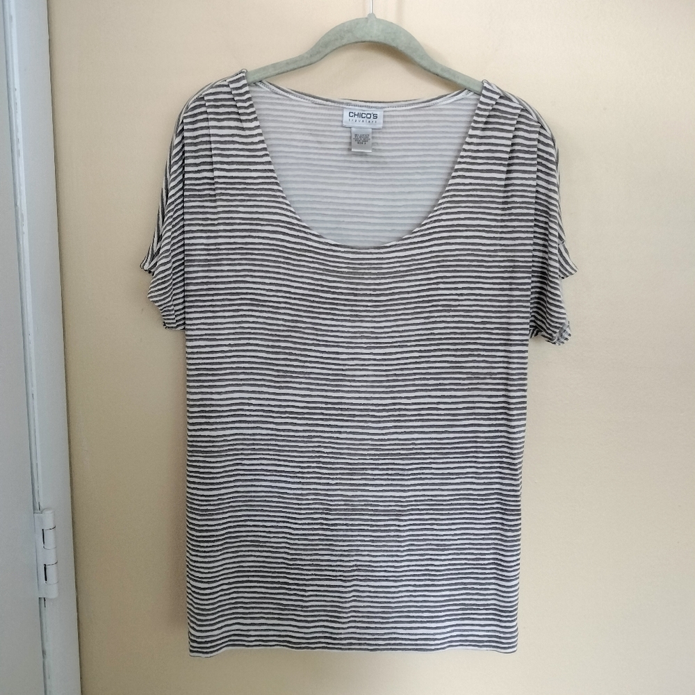 Chicos Travelers Taupe Cream Striped Top 2 Large Office Stretch Comfort